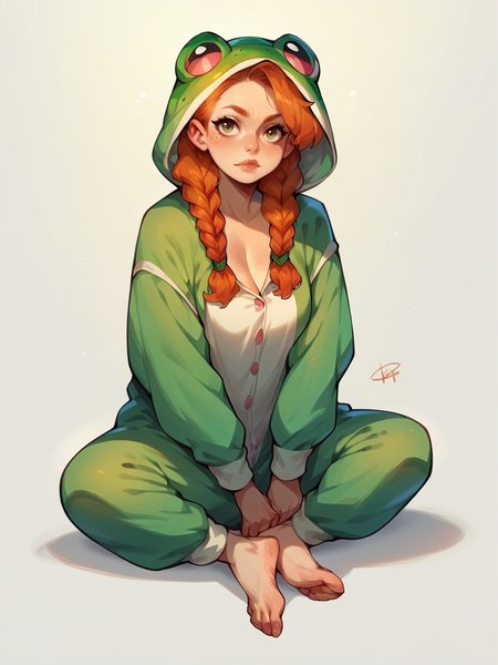score_9, score_8_up, score_7_up, score_6_up, score_5_up,  1girl, ginger hair, braids,  <lora:f0ggyXLP2:0.7> f0ggy, frog costume, solo, barefoot, curvy, full body,
