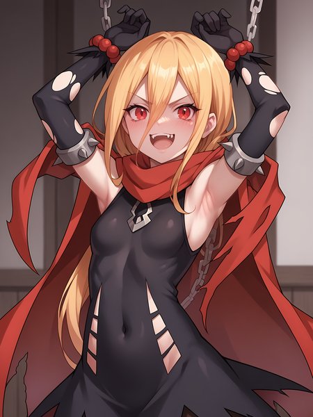 score_9, score_8_up, score_7_up, score_6_up, score_5_up, score_4_up, black_short_dress_brown_pantyhose, Evileye, looking_at_viewer, small_breasts, solo, open_mouth, frown, smile, happy, upper_teeth_only, fangs, red_bracelet, bead_bracelet, black_gloves, elbow_gloves, broken_chain, cuffs, shackles, red_cloak, torn_cloak, detached_sleeves, sleeveless_dress, torn_dress, covered_navel, arms_up, armpits, upper_body, indoors, <lora:Evileye_V1.5(SDXL):1> <lora:hand 4:1>, Hand, detailed, perfect, perfection, hands,