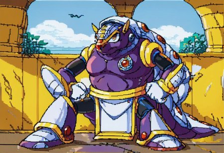 score_9, score_8_up, score_7_up, score_6_up, score_5_up, source_furry, maverick, armored armadillo, mmx, purple + gold armor, armadillo, metallic, robot animal, shell, red nose, armadillo ears, genderswap, 1girl, female, adult, breast, solo, looking at viewer, unamused, glare, hands on hip, annoyed look, mad