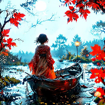 linquivera, Ink illustration, (anime:0.5), brown tones, aged black red paper, inkpunk, moonlight,surreal, a ghost standing on a boat in swampy wetlands, (at a distance), Will-o'-the-wisp, moonlit, lonely, solitude, windy, tall trees, willows, willowy, OverallDetail, extremely detailed, UHD,(long exposure , dystopian but extremely beautiful:1.4),   letitflrsh, ,  bosstyle   read description <lora:- SDXL - letitflrsh_let_it_flourish_V1.0:0.8>,<lora:Cute_Collectible:1>,<lora:XL_Boss_Battle_-_By_HailoKnightV2:0.6>,<lora:add-detail-xl:1>,<lora:Concept Art Twilight Style SDXL_LoRA_Pony Diffusion V6 XL:1>,<lora:MJ52:1>