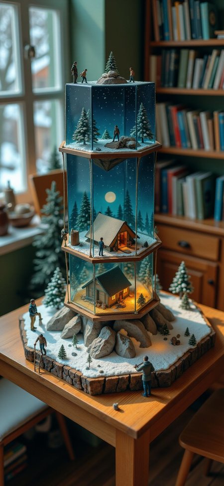 (indoors,indoor,isometric view,side view,tilt-shift lens:2), (fna_style,miniature,miniature,diorama,miniature,diorama,PVC,plastic:2),starry night,winter giant (multi layers of shore camp site hexagonal vertical:2.5)  is located center, people are climbing with ropes, (in wooden square plate:3) (on table at study:3) <lora:Fantasy_Novel_Art_Style:1> <lora:Rostpunk:0.3>