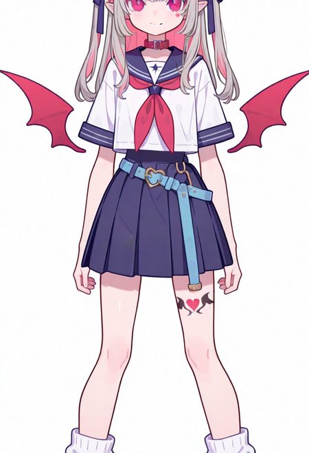 Flatline, Flat vector illustration, looking at viewer, full_body, 
niji-ririmu,flat chest,red eyes,long eyelashes,grey hair,streaked hair,multicolored hair,pink inner hair,pointy ears,fang,heart tattoo,tattoo around thigh,long hair,two side up,black hair ribbon,saggy hair ribbon,red wings,demon wings, 
niji-ririmucos1,serafuku,white shirt,short sleeves shirt,red neckerchief,midriff,blue belt,loose belt,blue skirt,miniskirt,pleats skirt,white socks,loose socks,red choker,red collar,
slim, slender, fair skin, clear skin, beauty skin, smooth skin, shiny skin, beautiful legs, long legs, 
from front, front view, straight-on, look at viewer, standing, (legs apart:1.4), 
white background,