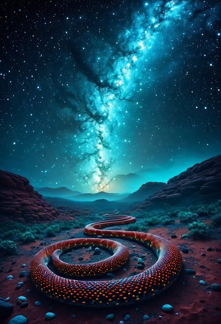 the sacred aboriginal snake god, is body made of a million stars coiled in the night sky as an immense representation of an incandescent snake of color dots, ocre, red, turquoise beans, pearls, lizard, depth of field, soft tones, mist mysteries, star field, milyk way, dreamlike space scenery, orobouros,