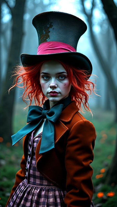 cinematic film still portrait young mad hatter girl,(crazy:1.4),alice in wonderland,deep detailed wonderland background,rim light,dark light,low light,cold colors,surreal art,portrait,creepy,horror,(vibrant colors:1.4),vivid colors,colored hair,wind hair,huge hat, . shallow depth of field, vignette, highly detailed, high budget, bokeh, cinemascope, moody, epic, gorgeous, film grain, grainy,embedding:EZRealPONYXL,