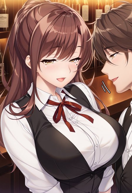 masterpiece, best quality, newest, highres, uncensored, 1girl, yokota mamoru style,1girl, slender face，motion lines,torogao,looking at the viewer,seductive smile,blush
Tachibana Iori,Brown Hair, Ponytail, Sidehair, Straight Hair, Waist Length Hair,Long Hair,Amber Eyes,Big Breasts, Mole, Slim
1girl, neck ribbon, shirt, brown hair, shiny hair, white shirt, long hair, ribbon, red ribbon, shiny, 1boy, wing collar, black vest, collared shirt, dress shirt, vest, open mouth, bangs, brown eyes, long sleeves, indoors, smile, yellow eyes, blush, looking at another, upper body, :d, eye contact, bartender, hair between eyes