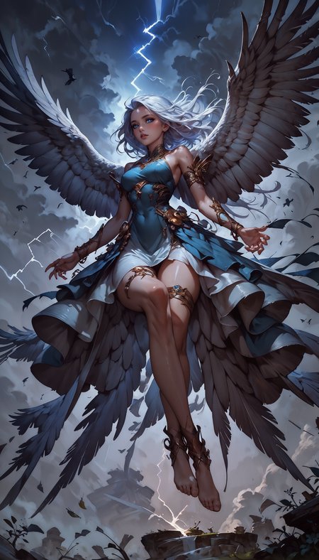 score_9, score_8_up, score_7_up,  1 girl, monster girl, bird girl, feathered wings, lightning aura, hovering among the clouds, air, gold jewelry, thigh strap, shiny skin, blush, beautiful face, blue eyes, white hair, floating hair, gentle breeze, white skin, crossed legs, blue sexy sheer dress, dutch angle, bottomless, pink fingernails, moonlight, stormlight, green leaves, flying leaves, lightning, wind, swirling wind currents, lightning bird,  <lora:Expressive_H-000001:0.8>, expressiveH    <lora:Fant5yP0ny:0.9>  <lora:Pony_DetailV1.0:0.9> <lora:Concept Art DarkSide Style LoRA_Pony XL v6:0.8> concept art,