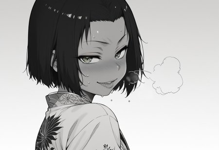 score_9,score_8_up,score_7_up,cinematic shadow,monochrome,(fullbody:0.7),
naughty face,sweat breath,half closed eyes,seductive pose,standing,back,kimono,
1boy,black hair,short hair,green eyes,forehead,swafragilenos,tanlines,<lora:swafragilenos:1>,