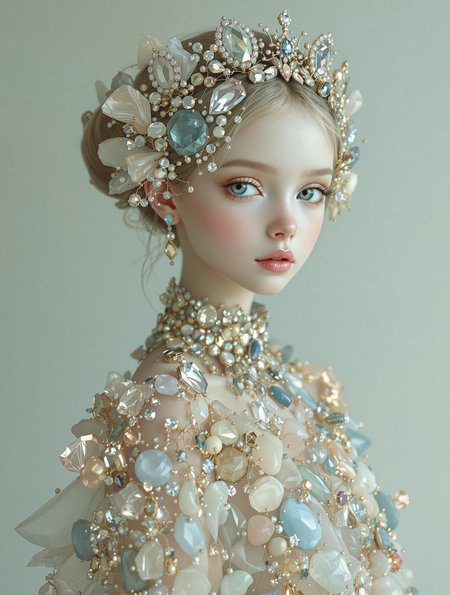Ethereal Gemstone Dream. A surreal and fashion editorial portrait of a delicate, doll-like girl in the unmistakable NICOLETTA CECCOLI style. She stands against a muted, vintage pastel backdrop of soft blues and creams, creating a dreamlike and slightly melancholic atmosphere.
Her body is adorned with an intricate diadem that cascades down into a gown made entirely of shimmering diamonds, translucent crystals, and polished agate stones, reflecting light in a kaleidoscope of colors. The gemstones appear to grow naturally, almost as if they are part of her being, blending with her porcelain-like skin.
Her eyes are large and luminous, filled with an innocent curiosity that contrasts with the surreal opulence of her attire. The lighting is soft and diffused, with delicate shadows that emphasize her ethereal beauty. The overall composition evokes a sense of nostalgic wonder, blending retro-cute charm with high fashion editorial elegance.