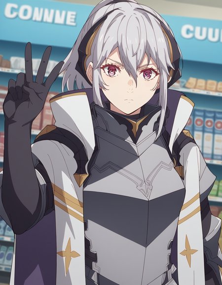 score_9, score_8_up, score_7_up, source_anime, <lora:jeanne-e-anise-s1-ponyxl-lora-nochekaiser:1>, jeanne e anise, bangs, purple eyes, ponytail, hair ribbon, black ribbon, hair between eyes, grey hair, medium breasts,, gloves, black gloves, cape, armor, breastplate, music store, browsing records, headphones, vinyl collection, nostalgic, , looking at viewer, v, v over eyes,, solo,, cowboy shot, dutch angle