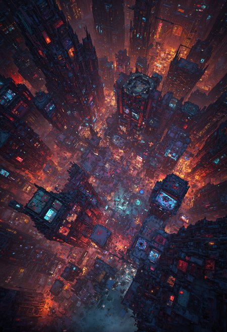 Bird's-eye view, ancient cyberpunk settlement, cyberpunk and gothic fusion. Intricate spatial composition, geometric planning, strategic shapes. Buildings that are fusions of gothic cathedrals and futuristic skyscrapers. Clustered gothic cyberpunk structures, neon lights, and bold gargoyle sculptures. Atmospheric interplay, ambient light, dynamic shadow, rich hues. Detailed architectural nuances, mosaic-like pathways, designed streets. Steampunk artifacts, monumental architectural details. Technical quality 8k, masterpiece, hyper-detailed imagery, intricate design, evocative textures, red and blue neon lighting, timeless narrative. <lora:JJsCyberPunkCity_Flux:0.6> <lora:VividlySurrealOrigin:0.4> <lora:42lux-UltimateAtHome-flux-highresfix:0.25>