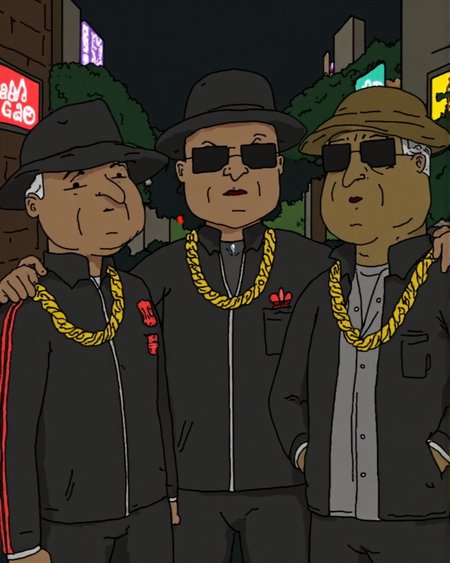 Cartoon illustration by J.C. Leyendecker of a Run DMC. A stylized  group of three individuals in classic 1980s hip-hop fashion. They wear black leather jackets with red Adidas stripes and thick gold chains, exuding confidence. Each member has a unique hat style, including a fedora and bucket hats, and one wears dark sunglasses. Background is a dark neon lights in a back alley.
 <lora:Hand v2:1> hands , Detailed hand, Perfect hand <lora:FLUX1-Turbo-Alpha:1>  <lora:big-lez-style:1> style of Big Lez