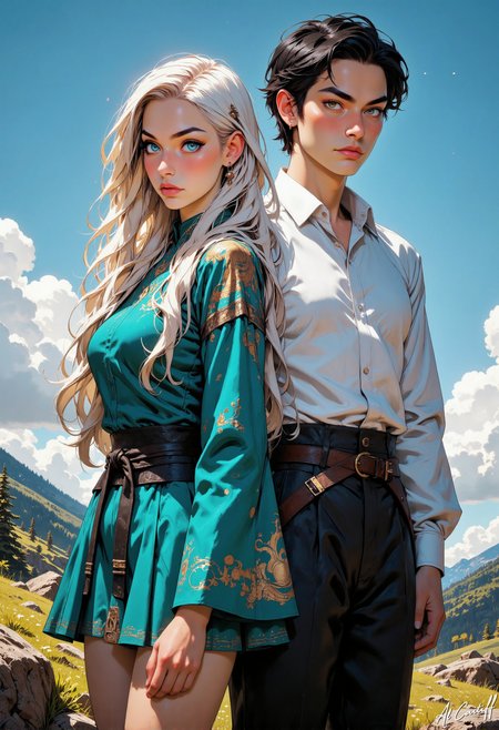A warm golden light pours in from a low-angle sun, casting a long shadow behind two figures standing in a serene landscape. A slender woman with long, curly silver hair and piercing emerald eyes wears a flowing, intricately patterned turquoise and silver kimono, adorned with golden accents. She stands beside a tall, lean man with jet-black hair and piercing sapphire eyes, clad in a crisp, high-collared white shirt with billowy sleeves and intricately embroidered dark blue and silver hakama. The woman holds a delicate, ornate fan, while the man grasps a slender, ornate sword at his side, its blade glinting in the sunlight., Niji Stan Katayama Style, Realistic anime style, MysticComic, comic book style<lora:Flux/Niji_B_anime.safetensors:0.5000000000000001:0.5000000000000001> <lora:Flux/Anime realistic V1.safetensors:0.5000000000000001:0.5000000000000001> <lora:CustomFlux/MysticComic.safetensors:0.6000000000000001:0.6000000000000001>