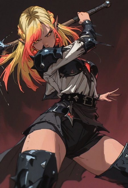 masterpiece, amazing quality, absurdres, 4ur4_illu, fl4tgr1t, sketch, dark_fantasy_style, dark fantasy, retro,
(Girl:0.0), 1girl, (solo), yellow hair, half up braid, straight hair, multicolored hair, swept bangs, 
orange eyes, ultra-detailed anime eyes, round eyes, pointed ears, earrings, ear piercing, breasts, 
dark spiked armored outfit, white shirt, black shorts, black belt, thigh-high boots, 
(Pose:0.0), ((looking at viewer)), standing, (swinging mace), motion blur, 
(Emotion:0.0), determined, serious, 
(Scene:0.0), cowboy shot, dutch angle, from front, dynamic pose, simple background, depth of field, foreshortening,