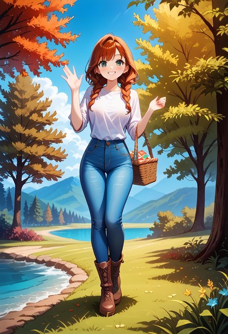 score_9, score_8_up, score_8, perfect, full body shot, extremely detailed face, curvy body, average height, front view, detailed perfect hands, 1girl
sexy 25 year old girl, auburn hair, reddish-brown hair, highlights, medium length hair, braided twintails, light blue-green eyes, smiling, medium teardrop breasts, perky breasts, white shirt, jeans, brown boots, attracted to viewer, 
beautiful face, blushing, wavy hair, slender body, white skin, looking bashful, soft smile
semi realistic, anime, 3th3r34l,big smile, big cheesy smile, big goofy smile, front view,  smaller chin, soft chin, oval face, hands up, super thick thighs, slim butt, wide shoulders, swimmer’s build, really wide shoulders, tiny butt
medium wavy auburn hair, auburn hair, , side view,calm expression, outdoors, forest, trees, grassy field, blue and purple sky, stylistic, standing up, front view,, picnic basket, waving, calm expression, illustration, vibrant colors, intricate details, 8k wallpaper, (Depth of field, cinematic angle, cinematic lighting:1.2), (masterpiece:1.2), (best quality:1.2), (very aesthetic:1.2), (absurdres:1.2), newest, intricate, Expressiveh, Freebo_alloy