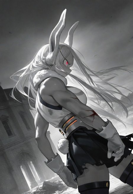 Elden ring painting style,   {monochrome sketch},  artist: stu_dts, pixixv fantasia,artist:rolua n, artist:reoen, artist:yoneyama mai, watercolor painting, sketch painting,masterpiece, best quality, very aesthetic
{Mirko \(boku no hero academia\), Mirko \(Boku no hero academia\),} strong wind,standing menacingly, serious look, looking at another,standing menacingly, torn clothes, injury, destroyed clothes, blood,  gradient eyes, cowboy shot, 
masterpiece, photo background, cinematic light, amazing quality, very aesthetic, dynamic pose, original,  Dutch angle, from side:0.2,