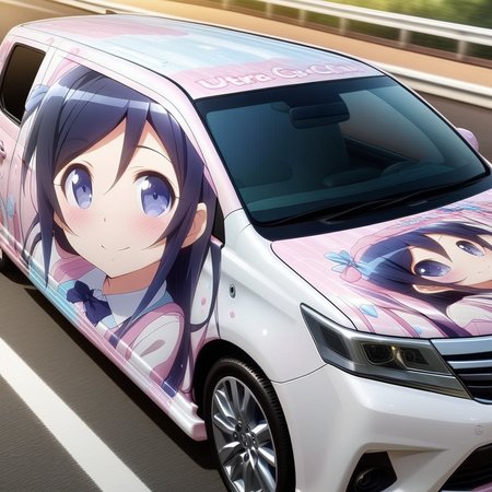 aragaki ayase,smile,vehicle focus, from side(lapping car,print car,painted car style),masterpiece,best quality, very aesthetic, absurdres,  ultra detailed  <lora:Ayase_Aragaki_-_Oreimo:0.7> <lora:lappingcar:1>