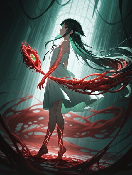 solo ,saya  \(saya no uta\) , 1girl , bare shoulders , feet bare shoulders , black hair , black ribbon , blurry , blurry background , collarbone , dress , eldritch abomination ,flesh , from side , green eyes , long hair , profile , ribbon , sleeveless , sleeveless dress , very long hair , white dress ,from below , green theme , red theme , closed mouth  , full body , looking at viewer , looking to the side , dark , horror ethereal , melancholic , glowing control panels casting ,soft blue light, dreamy atmosphere surreal ,horrifying , flowing hair gently drifting in an eerie, unsettling atmosphere, vibrant green and red hues blending chaotically, organic and grotesque textures covering the environment, glowing veins pulsing faint light (floating hair:1.1), (chromatic aberration:1.2), (light particles:0.9), (muted colors:1.5), (vibrant colors:0.8), (bright colors:0.7), (glowing sparkles:0.5), (radiant reflections:0.3), (soft light rays:0.7), blood-red mist, glowing green tendrils, dark and oppressive ambiance,cinematic lighting , raytracing , dynamic angle , depth of field , high contrast , colorful , detailed light , light leaks , beautiful detailed glow , best shadow , shiny ,                                                                                                                                                                                                                                                                                                                                                                                                                                                                                     
,masterpiece,best quality,amazing quality,