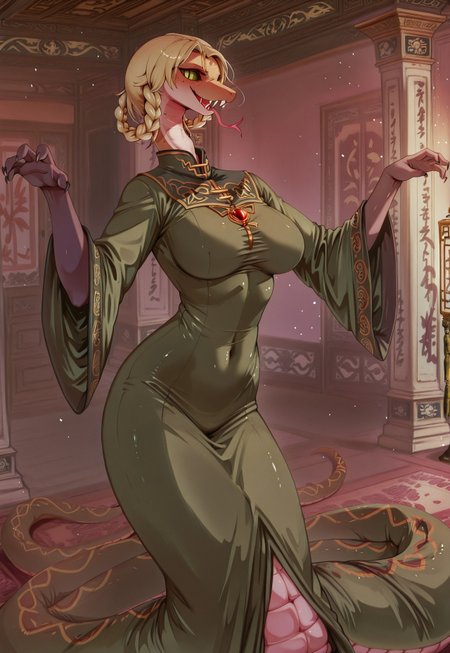 masterpiece,best quality,amazing quality, indoors, pillar
<lora:Anthropomorphic_snakes_Naga:1> anthropomorphic_snakes_(naga), 
ry4, blonde hair, braid, green eyes, braided hair rings, mole under mouth, slit pupils, solo
green dress, wide sleeves
smile, forked tongue, long tongue, tongue out, open mouth, vampire
snake pose, fighting stance, standing,
dynamic pose, dutch angle, dynamic angle
<lora:Rya:1>,  <lora:forkedtongue_Illust_v1:1>,  <lora:LoRASnakePoseNoobAIXLvPred:1>,  <lora:Chinoiserie_Illu_Style:1> Chinoiserie, no humans, colored skin, fangs, facial mark, slit pupils, furry, colored sclera, black sclera, snake, scales, furry female, multicolored skin, snake girl, alien, lamia, squama, Snakegirl, Chinoiserie,  <lora:reptiloids_sdxl_v05_495-15-0:0.4> reptiloid, snake head,