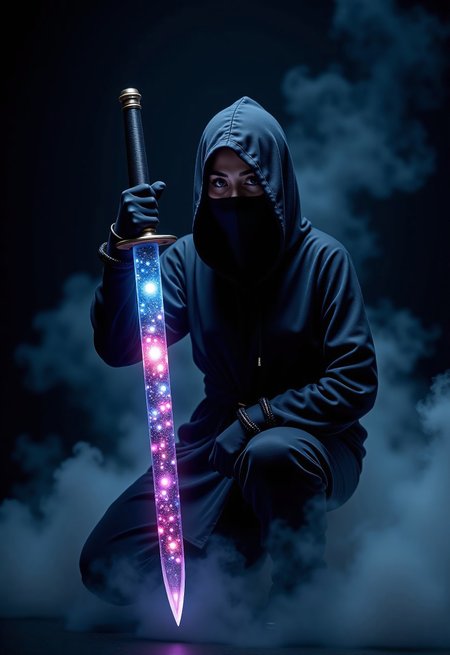 aidmaimageupgrader, they glow at night, a high quality digital image of a female ninja wearing a full black ninja outfit, she is standing against a black background and shrouded in smoke. She is crouching and holding up a small short ninja sword half removed from its scabbard, the visible section of the sword is made from an intricately detailed galaxy, within the galaxy we see a variety of stars, nebulae and galactic dust detailed in bright and vivid colours