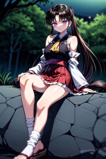 masterpiece,  best quality 1girl Setsun4 solo long hair,  (night time) forest background black hair very long hair purple eyes multicolored hair armor (fur trim) (medium body),<lora:EMS-179-EMS:0.800000>,<lora:EMS-293862-EMS:0.800000>ascot, bare shoulders, black footwear, detached sleeves, embellished costume, frills, japanese clothes, nontraditional miko, red skirt, sandals, sarashi, skirt, socks, white sleeves, white socks, wide sleeves, yellow ascot, zouri, armor, miko