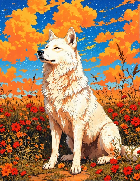 a white wolf sitting in tall grass. The wolf has its head tilted back and its eyes are closed. The background is a mix of orange and blue colors. There are red and orange colors in the grass in the foreground. The image is painted in a loose, textured style with visible brushstrokes, <lora:FantasyWizardWitchesFluxV2-000001:0.8>, <lora:Vibrantly_sharp_style_v.2:0.7>, <lora:FluxProUltraFantasia:0.6>, <lora:RetroAnimeFluxV1:0.3>, <lora:FluxMythR3alisticF:0.5>, <lora:Cozy_Paradise:0.9>