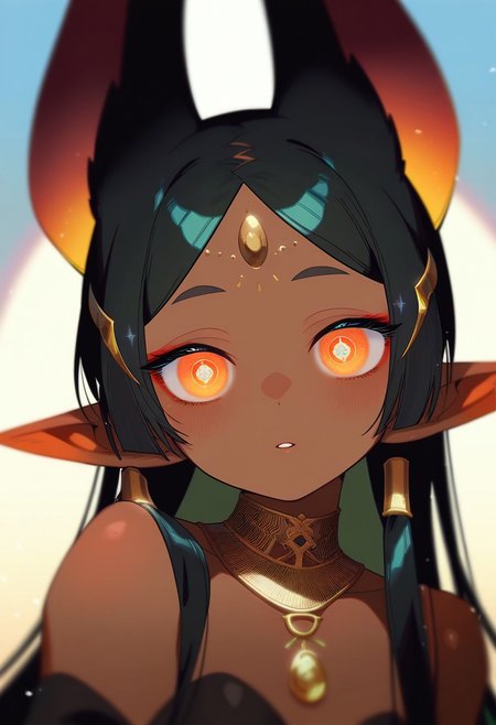 masterpiece, best quality, very aesthetic, high resolution, ultra-detailed, absurdres, newest, extremely detailed eyes, beautiful, perfect lighting, hi res, amazing quality, very awa, jui_sio, black hair, solo, animal ears, looking at viewer, 1girl, orange eyes, dark skin, pointy ears, bangs, upper body, parted lips, blurry