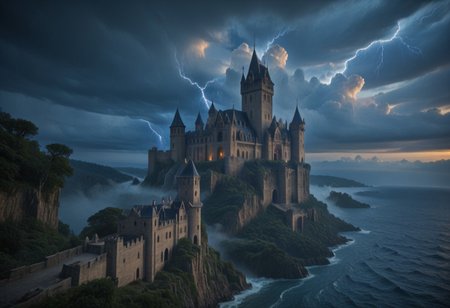 Stable_Yogis_PDXL_Positives, masterpiece,best quality,amazing quality,very aesthetic,high resolution,ultra-detailed,absurdres,newest, outdoors, mw01out, mwl01, castle, castle on the edge of a cliff, white walls, purple turrets, nighttime, night, thunderstorm in the distance, thunderclouds, overlooking the ocean, stormy