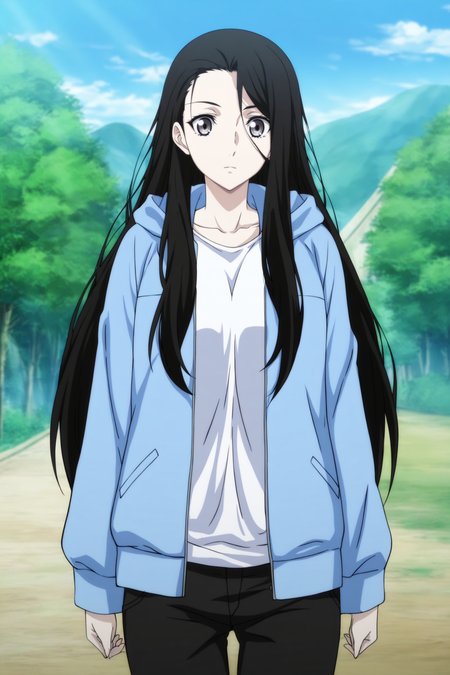 anime screencap,anime coloring,detailed face,masterpiece,best quality,very aesthetic,absurdres,volumetric lighting,official style,amazing quality,ultra detailed,highres,scenery,beautiful detailed hair,beautiful detailed eyes,official anime artwork,<lora:FengBaoBao S2-IL V1:1>,Feng Bao Bao,1girl,solo,long hair,black hair,grey eyes,outdoors,looking at viewer,standing,FengBaoBao Casual Outfit,bule jacket,hood,white shirt,pocket,black pants,open jacket,
