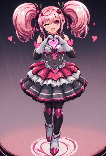score_4,score_5,score_6,score_7_up,score_8_up,score_9
((masterpiece,best quality,ultra detailed,highres,HD,4k:1.2)),
1 cute girl,girl forcus,
full body,long hair,twintail,pink hair,pink eyes,Black conjunctiva,
elbow gloves,covered navel,body suit,skirt,boot,black knee socks,
stage,idol stage,((Make a heart symbol with both hands, heart with both hands,heart hands,heart symbol)), looking at the audience,
happy, smile, open mouth,wink,