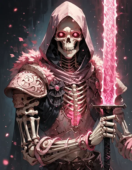 score_9, score_8_up, score_7_up, solo, mysterious armored skeleton, dark setting, holding a glowing ornate sword, skeletal face, hooded, glowing eyes, highly detailed armor, vibrant pink glow sword, illuminates the surrounding area, Pink embers particles floating, mystical ambiance, dark  background, artwork, high contrast, glowing elements, Magical, fantastical, enchanting, vivid colors, <lora:1dkXLP:0.5>, <lora:add-detail-xl:1>