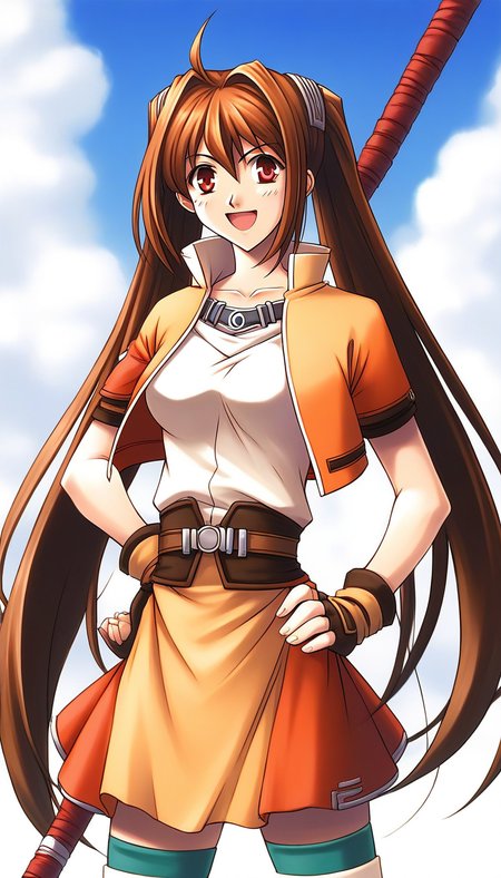 score_9, score_8_up, score_7_up, source_anime, rating_explicit, BREAKã <lora:Estelle_Bright_Retro_XL:1> Estelle_Bright, brown hair, long hair, red eyes, ahoge, brown eyes, very long hair, hair intakes,  medium breasts,
solo, twintails, thighhighs, staff, skirt, orange skirt, gloves, fingerless gloves, weapon, smile, belt, zettai ryouiki, miniskirt, hand on hip, open mouth, shirt, armor, jacket, jewelry
outdoor, day, sky,
looking at viewer, 
cowboy_Shot,