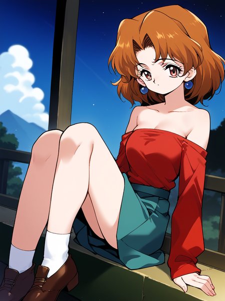 <lora:ingen3XL_pony_8:0.8> score_9, source_anime 1girl,  solo, looking at viewer, 
aikawa madoka, red shirt, long sleeves, off shoulders, bare shoulders, strapless, skirt, night