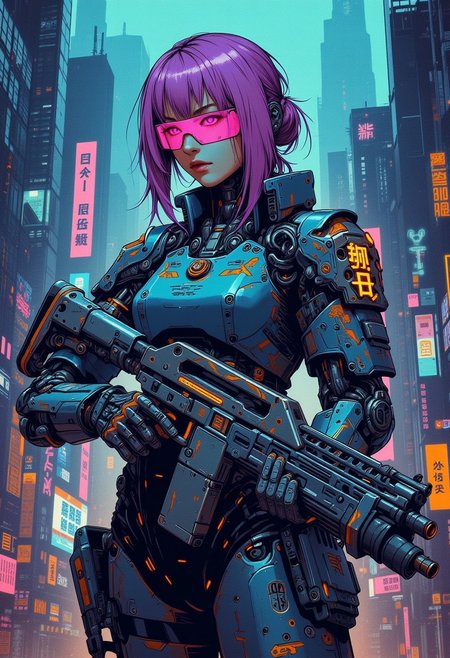 mad-cbrpnksplshrt full of details but with faded outlines, neon ultraviolet hair cyborg girl soldier in combat armor with one robotic arm and one robotic leg holding a pulse rifle with glowing energy panels, and in the background new york city disintegrating into the matrix behind, best quality, sharp image,
