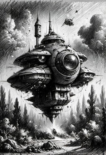 (masterpiece), 
A spaceship,
Black and white tones,
HDR, highly detailed, 32k, 
looking at viewer,