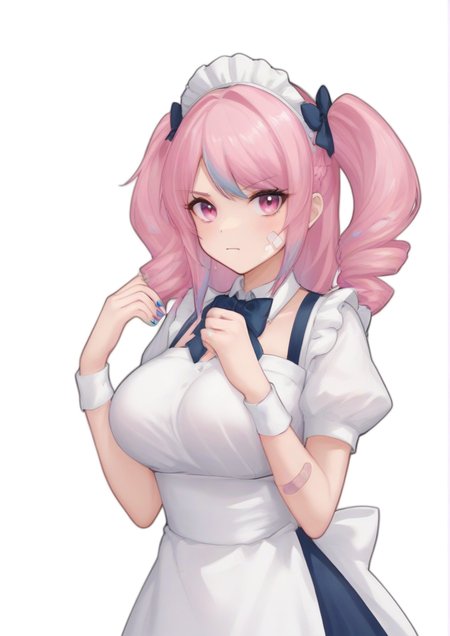 1girl,  :t, @_@, anchor symbol, bandaid, bandaid on arm, bandaid on face, bandaid on hand, bandaid on neck, blue bow, blue bowtie, blue dress, blue hair, blue nails, bound, bound wrists, bow, bowtie, braid, colored inner hair, dress, drill hair, framed breasts, frown, hair bow, hands up, long hair, looking at viewer, maid headdress, multicolored hair, nail polish, pink eyes, pink hair, puffy short sleeves, puffy sleeves, ribbon, short sleeves, solo, twin drills, two-tone hair, two side up, upper body, white background, white headwear, white ribbon, zPDXL3 <lora:playerz:1>