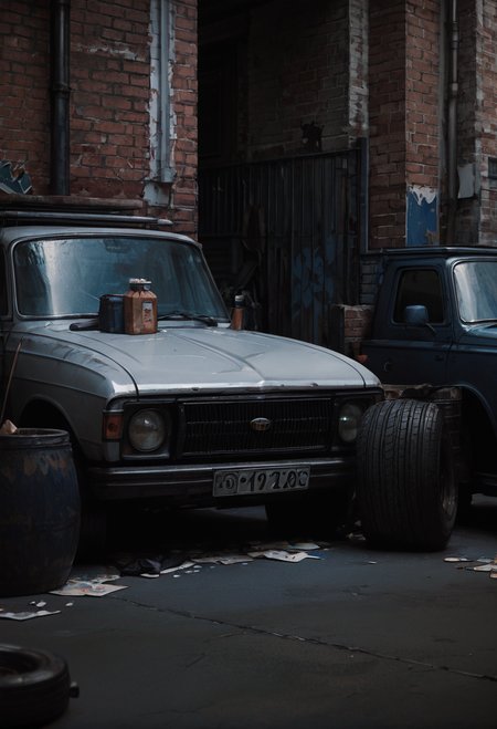 ,ruanyi0851,ground vehicle,brick wall,no humans,<lora:0851 abandoned vehicles V2_v1_pony:1>, score_9,score_8_up,score_7_up,,8k,1girl,solo,,