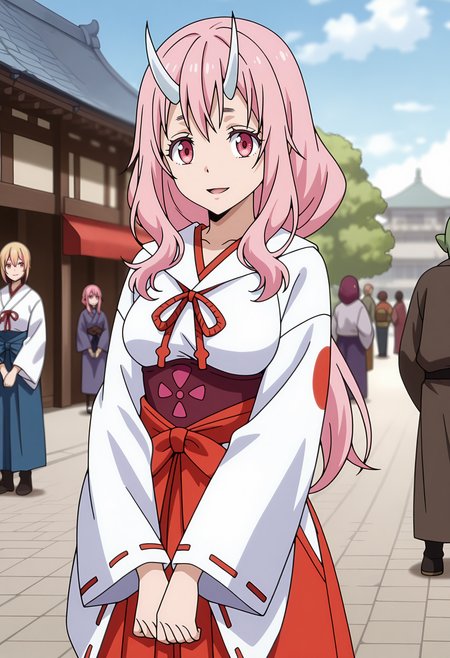 anime screencap, masterpiece, best quality,
<lora:TenSura_Shuna_IlluXL:0.9>,
1girl, solo, open mouth, light smile,
long hair, pink hair, pink eyes, white horns,
miko, white kimono, red ribbon, ribbon-trimmed sleeves, underbust, red hakama, 
v arms, looking at viewer, cowboy shot,
east asian architecture, city, street, medieval, people, orc, outdoors, blue sky, solo focus, blurry background