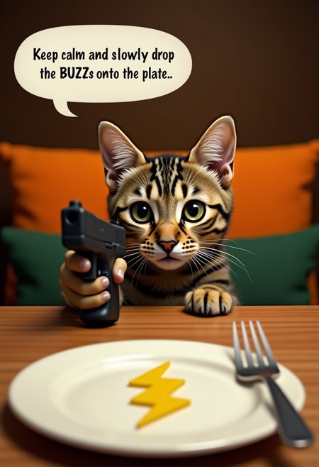 A curious tabby cat peeks over the edge of a wooden table, its head and upper body visible. The cat holding glock gun. The cat has distinct stripes and large, expressive eyes. Text bubble above its head written "Keep calm and slowly drop the BUZZs onto the plate.." In the foreground, a white plate with An object in the shape of yellow lightning icon and a fork are partially visible. The background features cushioned chairs in shades of orange and green, creating a cozy dining atmosphere.