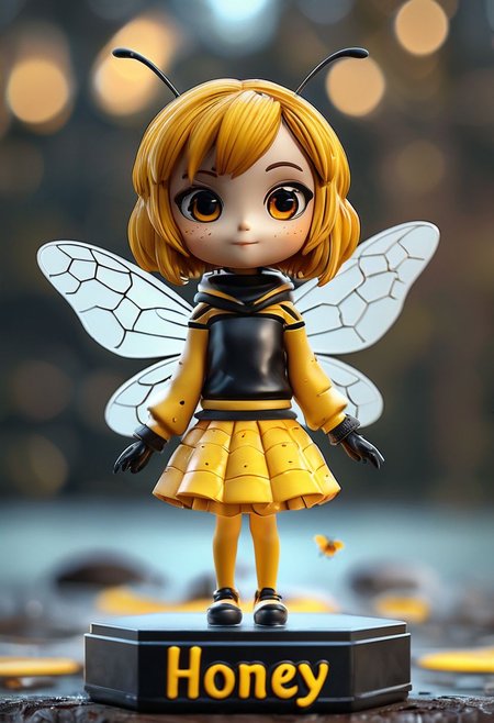 cinematic photo bee girl, manga girl, "Honey" written, 35mm photograph, film, bokeh,  professional, 4k, highly detailed