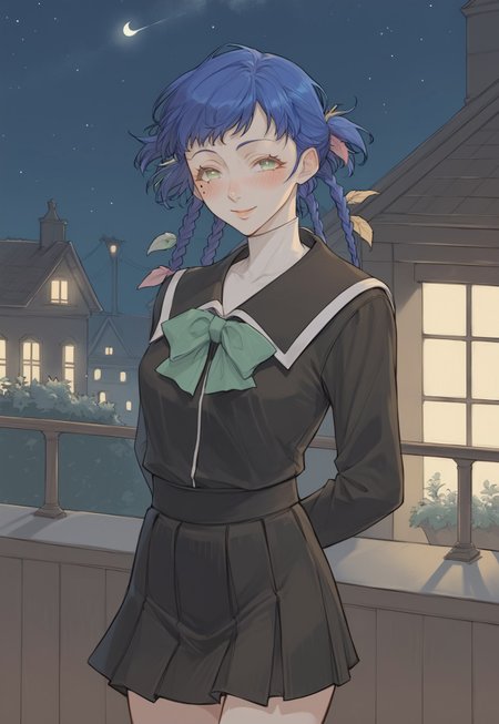 safe_pos, masterpiece,best quality, highly detailed, score_9, score_8_up, score_7_up, score_6_up, source_anime, expressive eyes, perfect face, cinematic lighting, volumetric lighting, bloom, post processing,
BREAK, 1girl, solo, shy smile, blush, beautiful eyes,
chikap2, petite mature body, small breasts, blue hair, short hair, twin braids, green eyes, mole under eye, black school uniform, skirt, green bow, looking at viewer, hands behind back, romantic,
BREAK, café scenery, ((night, moonlight, very dark lighting)), shadows, cowboy shot, 