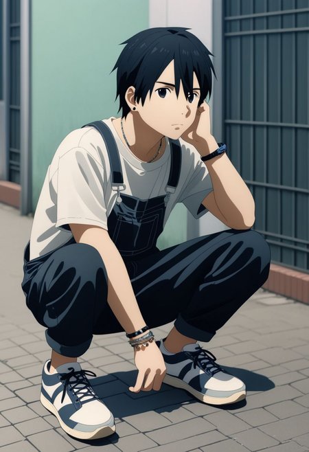 high resolution, professional photography, best quality, 1Boy, Kirigaya Kazuto, Black Hair, Black Eyes, overalldetail, lofi, candid, squat, depth of field, shirt, photo model, looking at viewer, bracelet, necklace, sneakers