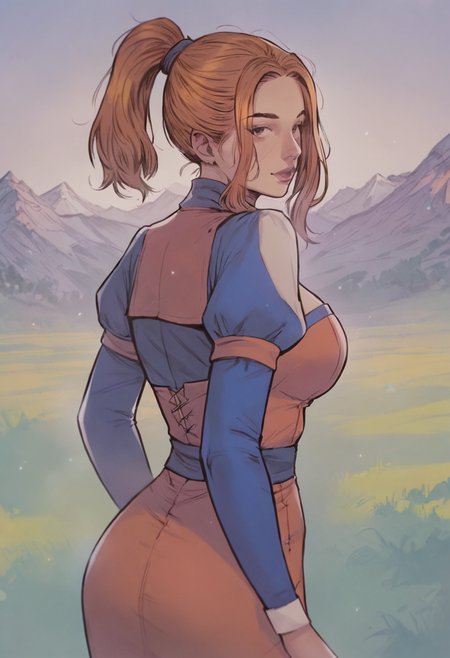 score_9, score_8_up, score_7_up, source_anime, 1girl, large_breasts, mature_female, solo, looking_at_viewer, open_eyes, Posing as if caught mid-sneeze, from_behind, Harlequin habit uniform, medium hair, ponytail, Ginger hair, mountain, head_out_of_frame, rating_safe, <lora:pony\artist_styles\tendermindd_pony:1.0>