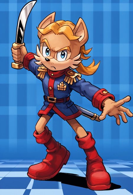 masterpiece, best quality, amazing quality, high detail, absurdres, Antoine D'Coolette, male, solo, holding saber weapon, sword, blue jacket, red boots, blond hair, blue eyes, action pose, dynamic pose, (blue checkered  background),