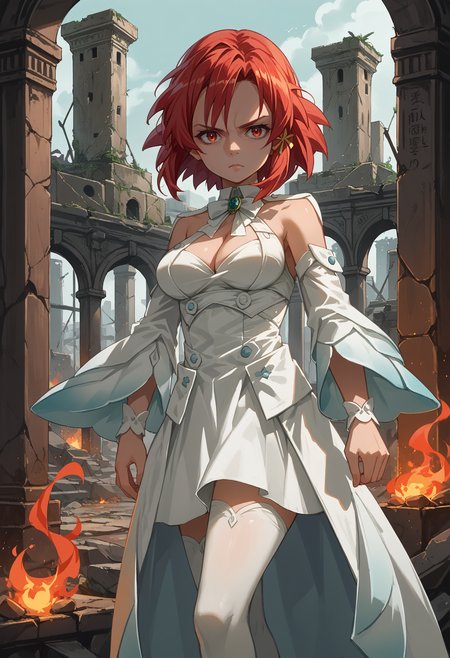 score_9, score_8_up, source_anime, 1girl, solo, IzettaWhiteW, short hair, hair ribbon, detached collar, brooch, white dress, cleavage, white sleeves, wide sleeves, white half gloves, white thigh boots, ruins, fire, serious expression, <lora:ChamIzettaPonyXL:1>