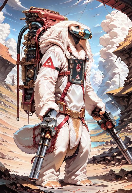 , ,masterpiece, 2d, very detailed, (best quality:1.4), amazing quality, very aesthetic, alien, MoroffSW, solo, standing,  holding weapon, tech back pack, dynamic scene, white fur, fluffy body, fluffy, facemask, black eyes, no ears ,