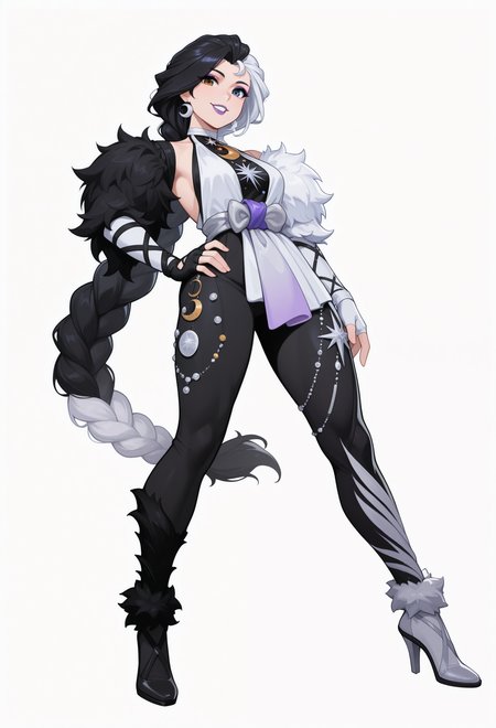 1girl, solo, white background, hand on own hip, grin, looking at viewer, 
black hair, white hair, two-tone hair, long hair, braid, heterochromia, earrings, makeup, purple lips, 
fur trim, white dress, halter dress, detached sleeves, jewelry, crescent, sash, fingerless gloves, black pants, asymmetrical clothes, high heels, 
masterpiece, best quality, <lora:Luna_SnowMR_NM-guy90-Illust-LoraV1:1>, mnrnul