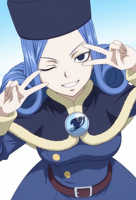 masterpiece, best quality, amazing quality, anime coloring, anime screencap, 1girl,  <lora:DX888JuviaIL:1>juvia lockser, blue hair, curly hair, blue eyes, blue dress, belt, capelet, fur trim, brooch,, grin,  one eye closed,  BREAK v, v pose,  dynamic pose, from above,  white  background gradient background,