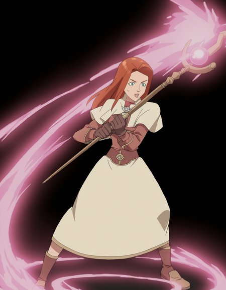 full body, solo, perfect composition, shadows, shading, <lora:feh-style-richy-v1_ixl:0.8> fehdef, <lora:anime_screencap-Illustrious:0.5> anime screencap, anime coloring, very aesthetic, absurdres, zPDXL, <lora:Pony_DetailV2.0:0.5> <lora:illustrious_quality_modifiers_masterpieces_v1:1>
<lora:2t0m3v3:1> 2t0m3v3, 1girl, long hair, female focus, focusing, sweatdrop, defined lips, dynamic pose, battle stance, holding staff, mage, pink magic, wooden staff, weapon, 
<lora:ChamFemaleAcolyteClothesIllustriousXL:1> aclytclth, white capelet, brooch, brown shirt, long sleeves, white skirt, long skirt, brown gloves, boots, 
(black background:1.2)