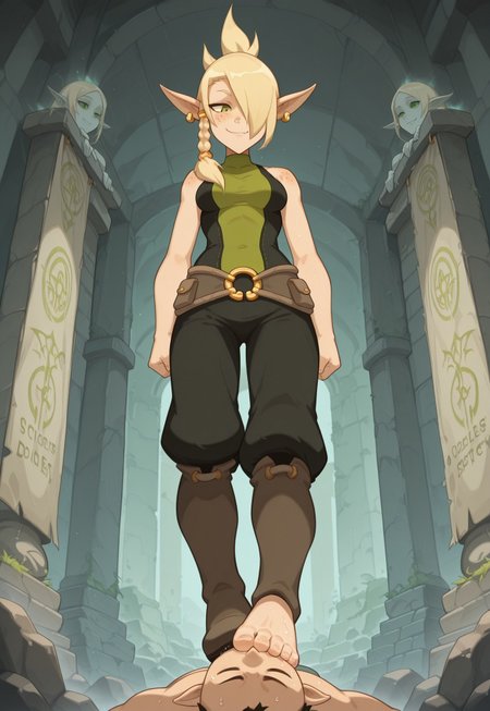 SFGFIL, foot in mouth, newest,, masterpiece, best quality, very aesthetic, HDR, ultra-detailed, anime, 748cmstyle, mythp0rt, femdom, hetero, forced, standing, from below, 
1girl, illucleo, ((pointy ears)), ((freckles)), earrings, jewelry, (blonde hair, single braid, side braid, hair over one eye), green eyes, sleeveless, bare shoulders, belt, boots, ((medium breasts)), ((ancient lost city, eternal mist, broken elemental temples, floating stone ruins, faded banners, magical runes glowing faintly, overgrown pathways, silence and whispers, time-frozen architecture, mystical energy lingering, forgotten battleground, cold wind, distant echoes, eerie light, crumbling statues, ghostly ambiance)), smelly:1.9, sweaty:1.9, steamy feet:1.9, evil smug, skindentation, skinny, rock, sitting on the rock, 
1boy, lying, Foot Sucking