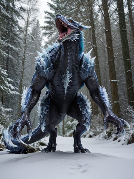 <lora:MH_Lunagaron_a1_8_PonyXL:.8>, score_9,score_8_up,score_7_up, nature photography,  (close_up shot, portrait), low angle shot, frontview, 
cropped photo,
mhlunga,solo,feral,detailed background,yellow eyes,black sclera,forest,snow,ice claws ,ice spikes,standing on hind legs, howling
hardlight , bloom, subsurface scattering, sharp hyper detailed, (shiny metallic skin:1.2), (ultra-detailed scales:1.1), bright highlights, <lora:RM_Enhancer_v1.0_bf16:.1>  <lora:p:.2> <lora:Add_More_details_SD3:.5>